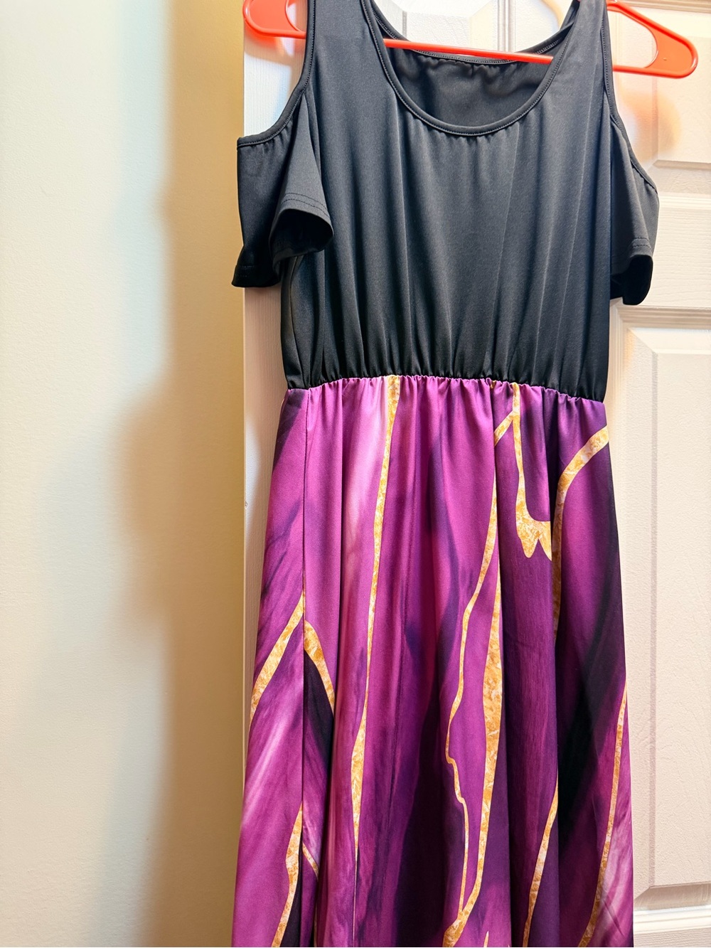 Girls Cold-Shoulder Dress with Purple & Black Skirt